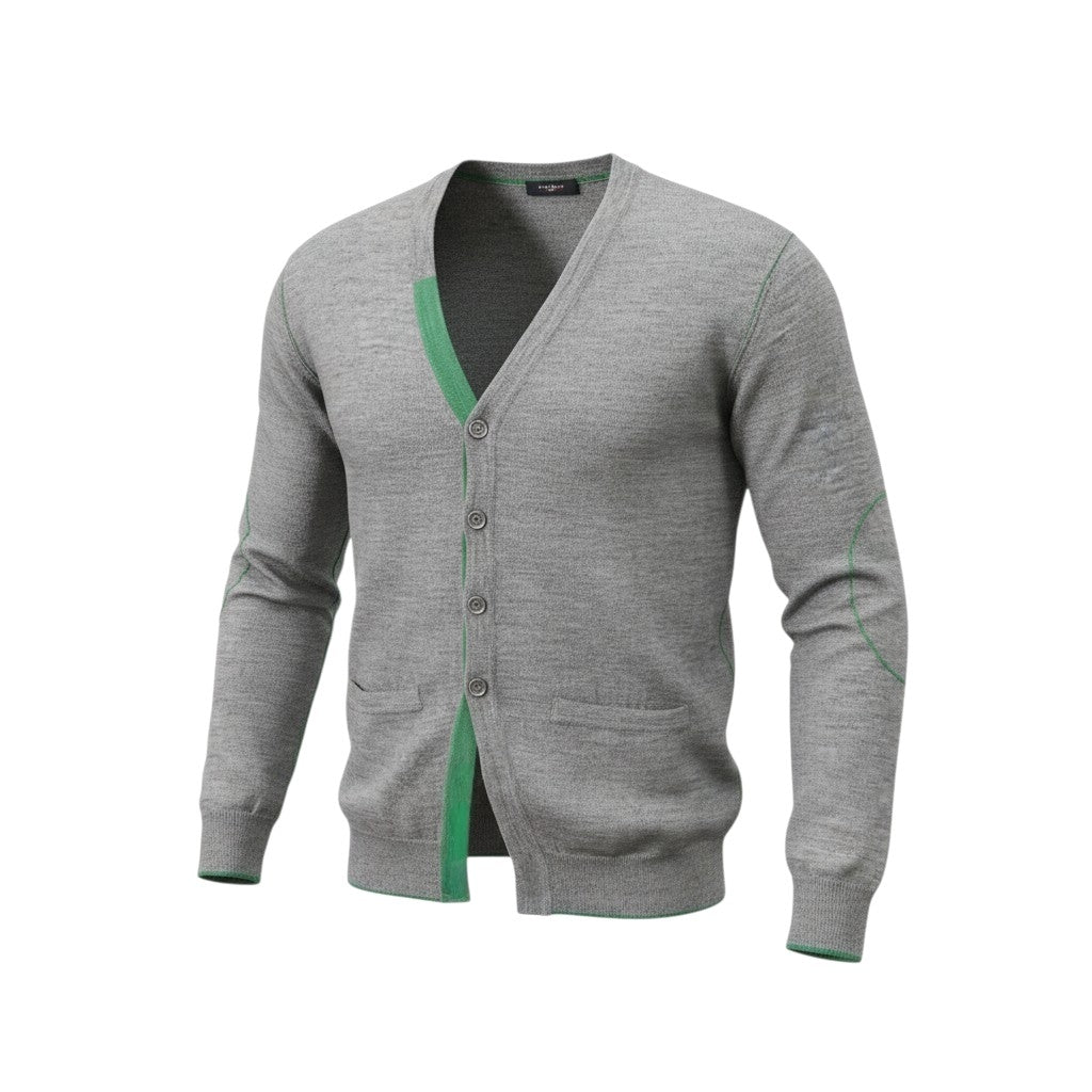 Pulover cu nasturi gri cu verde din lana si acril