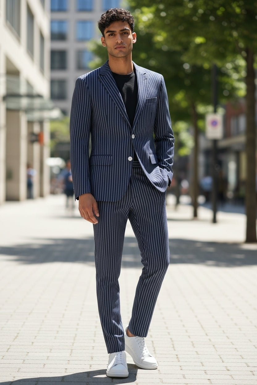 Costum Barbati Albastru regal cu dunga alba