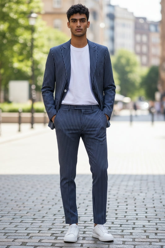 Costum Barbati Albastru regal cu dunga alba