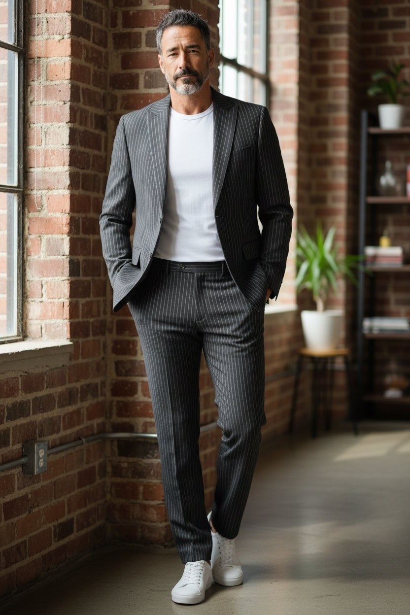 COSTUM BARBATI Negru cu dungi albe inguste