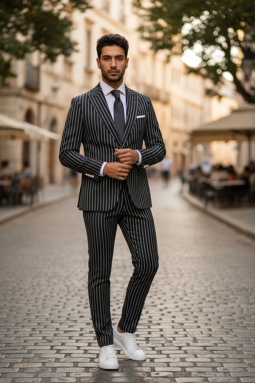 COSTUM BARBATI negru cu dunga alba lata