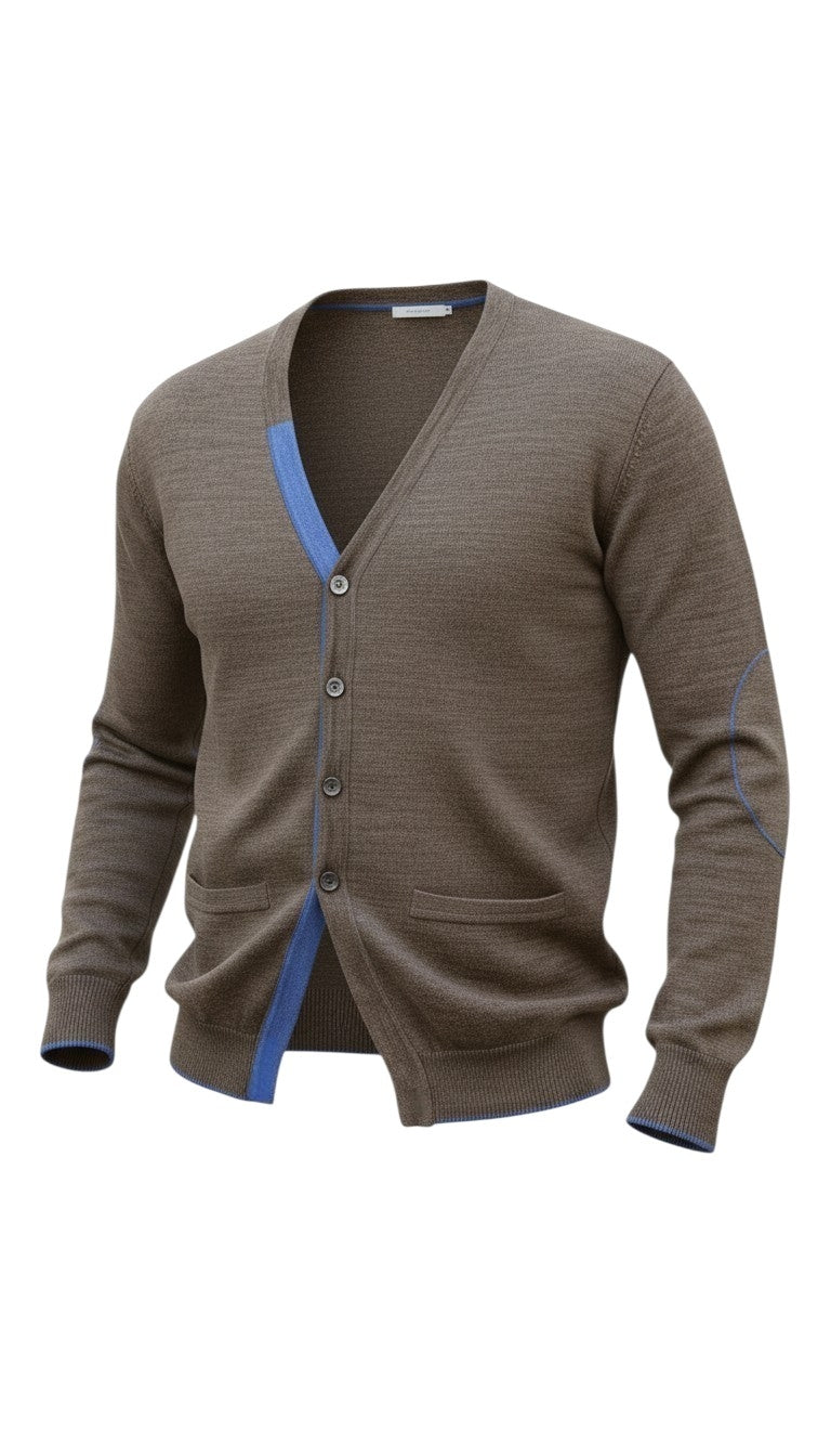 Pulover cu nasturi maro cu albastru regal din lana si acril