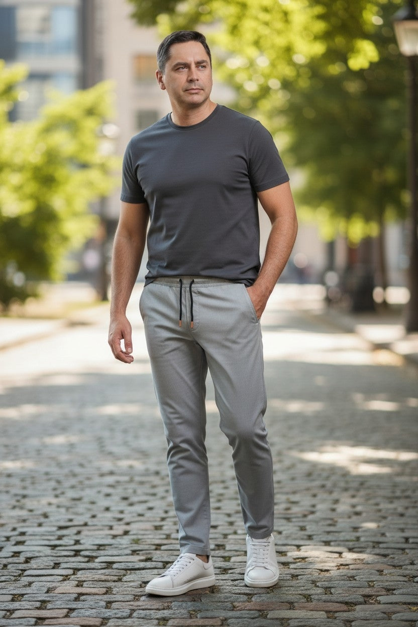 Pantalon gri deschis cu siret in talie