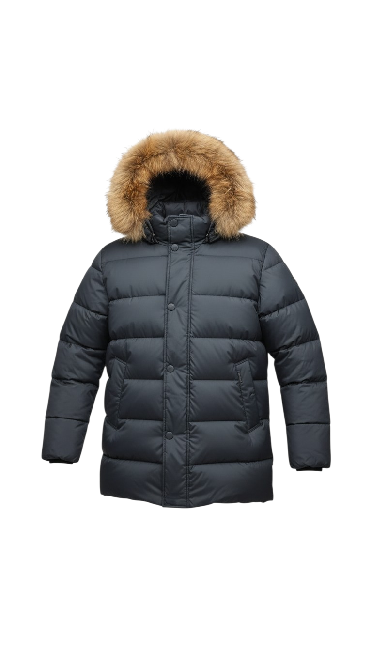 GEACA  BARBATI IGO din puf natural.Gluga cu blana de raton