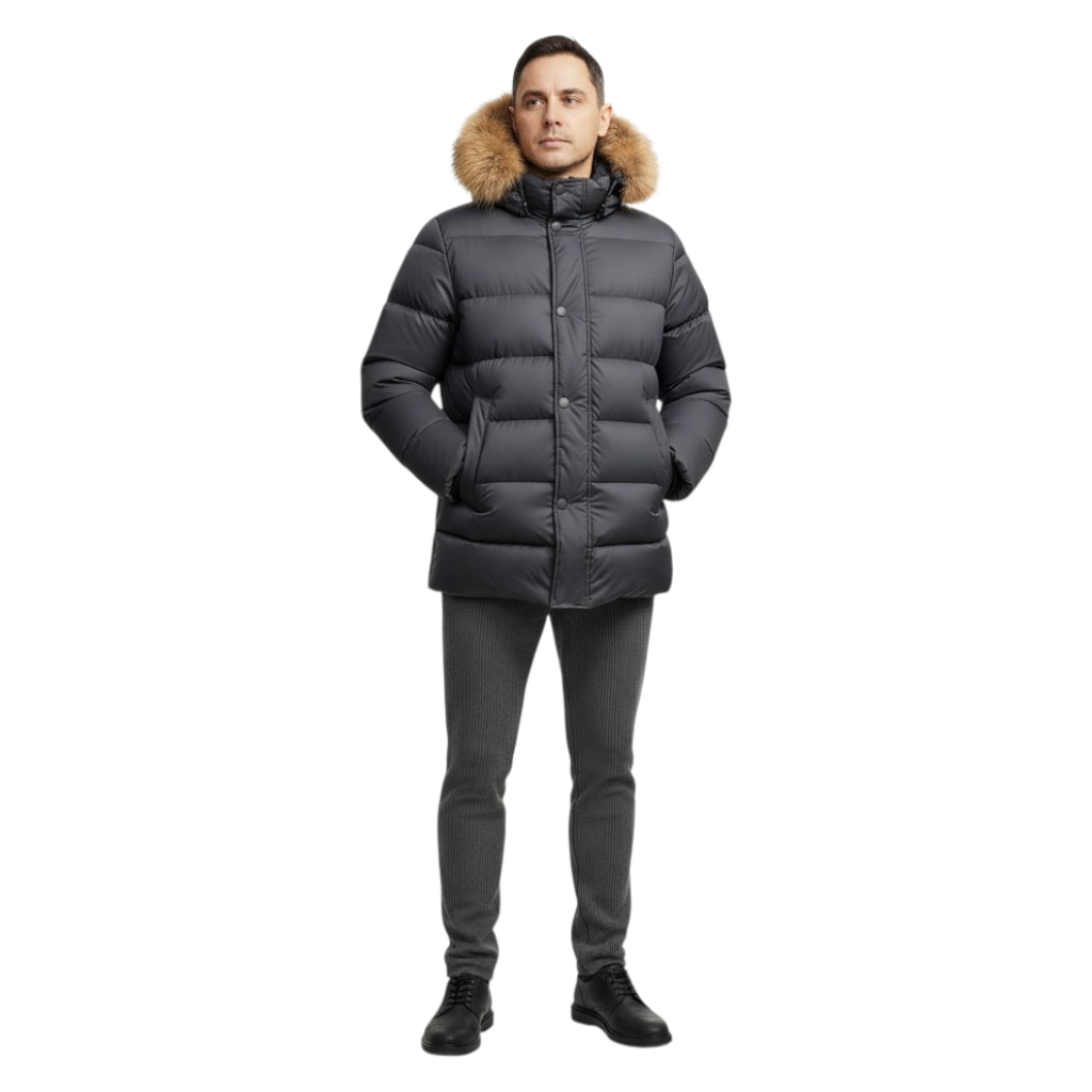 GEACA  BARBATI IGO din puf natural.Gluga cu blana de raton