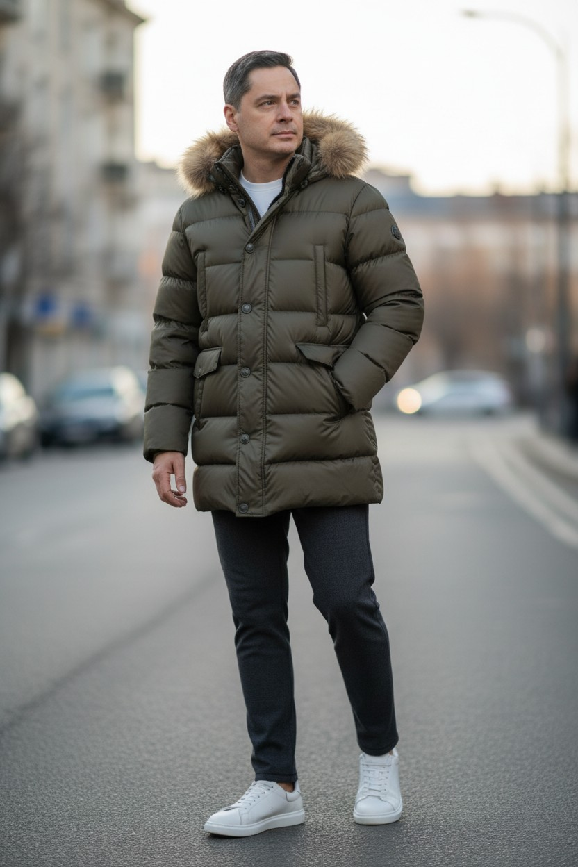 Geacă pentru Bărbați DANIO Brown.Gluga cu blana de raton