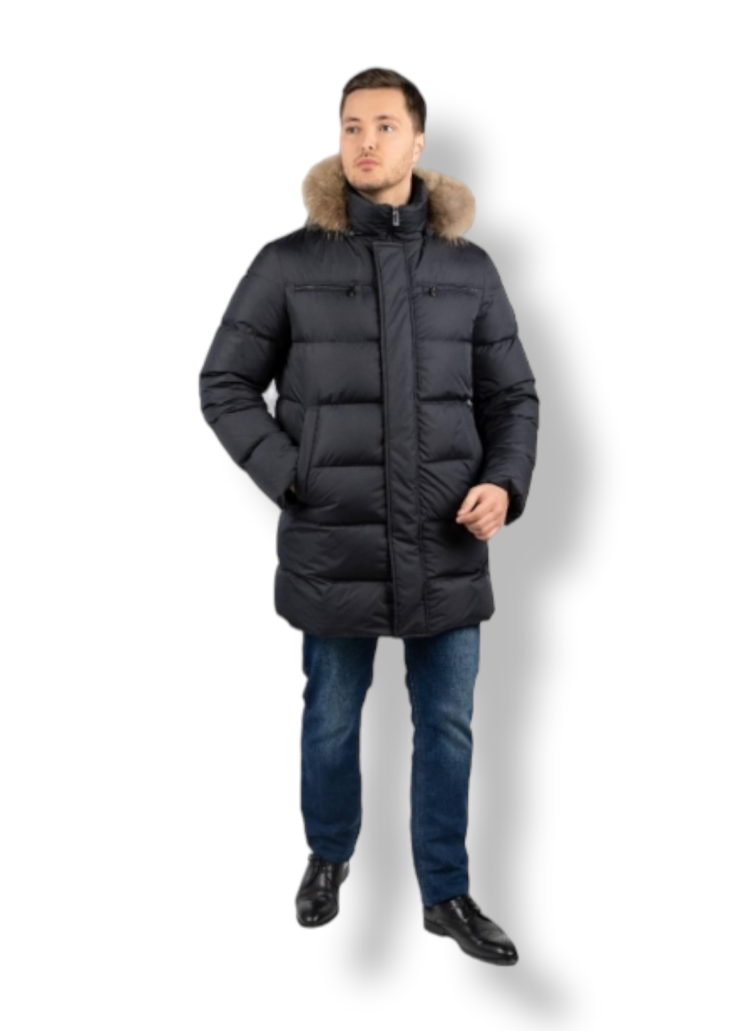 GEACA  BARBATI din puf natural.Gluga cu blana de raton