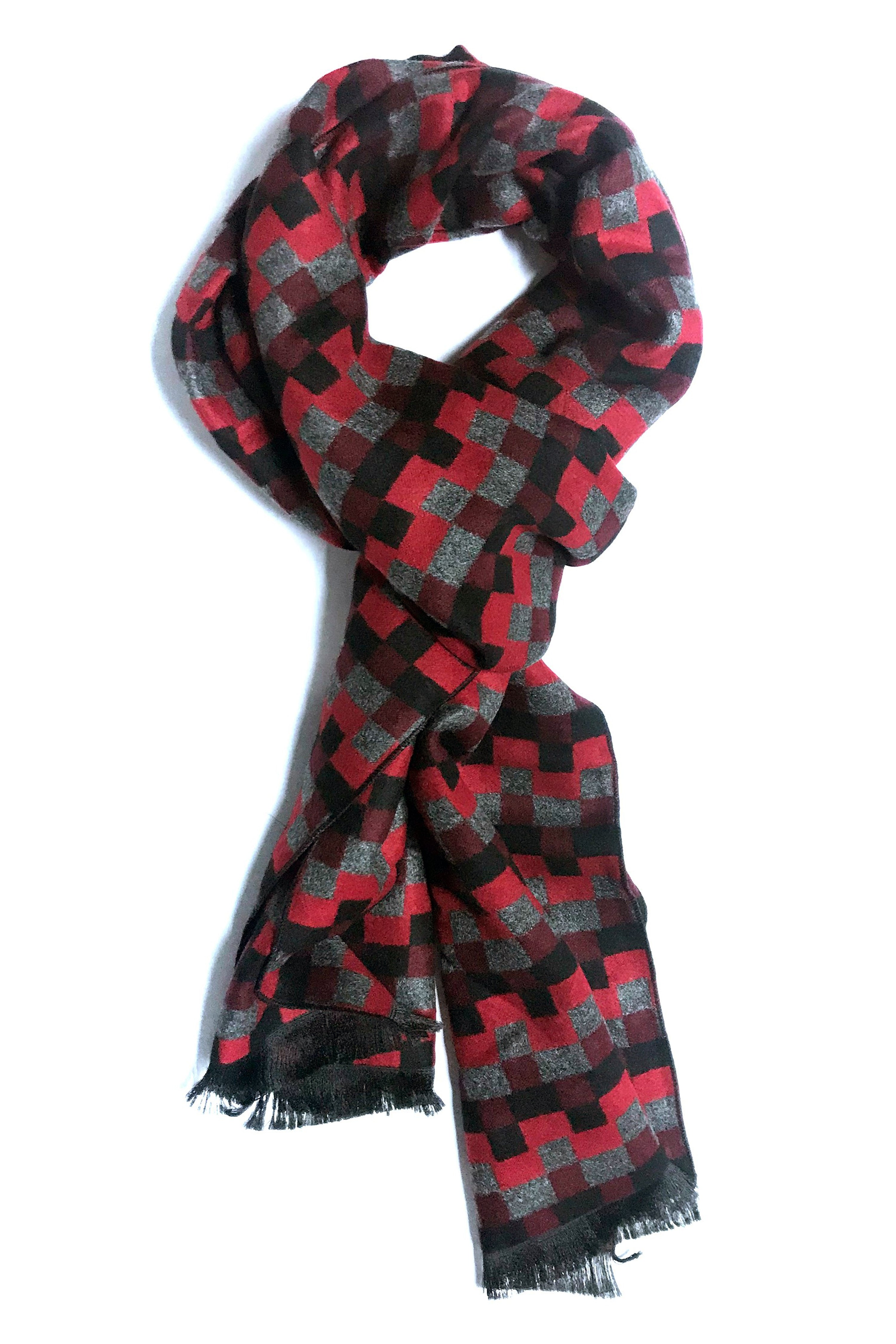 ESARFA DIN CASMIR CU PATRATE ROSU BORDO SI GRI